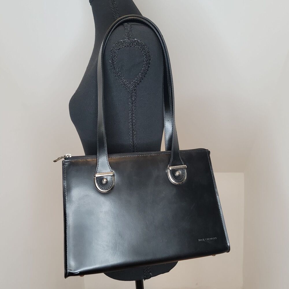 Vtg Jack Georges Black Leather Satchel Handbag Tote Briefcase Milano Purse Bag